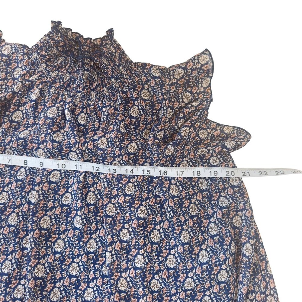 CODExMODE Women SZ M Navy Blue Floral A Line Knee Lenght Dress High Neck Chiffon - Picture 12 of 15